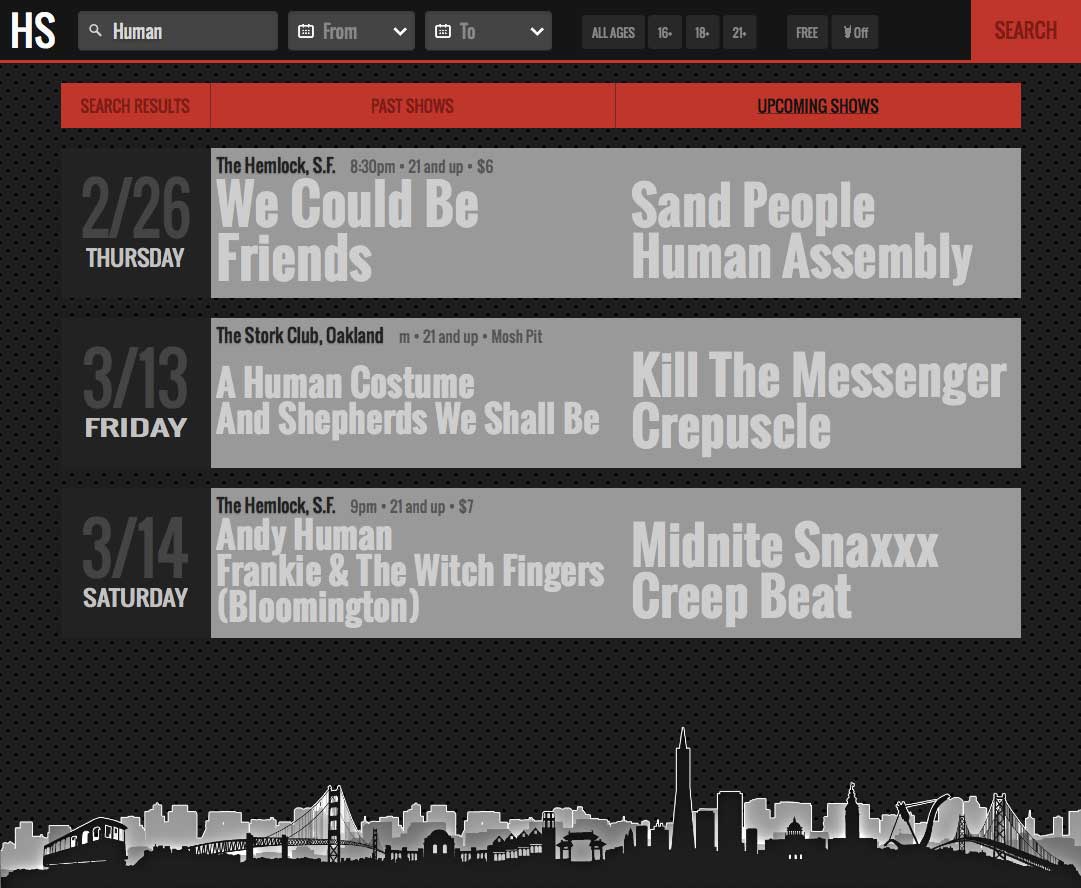 HellaShows search results
